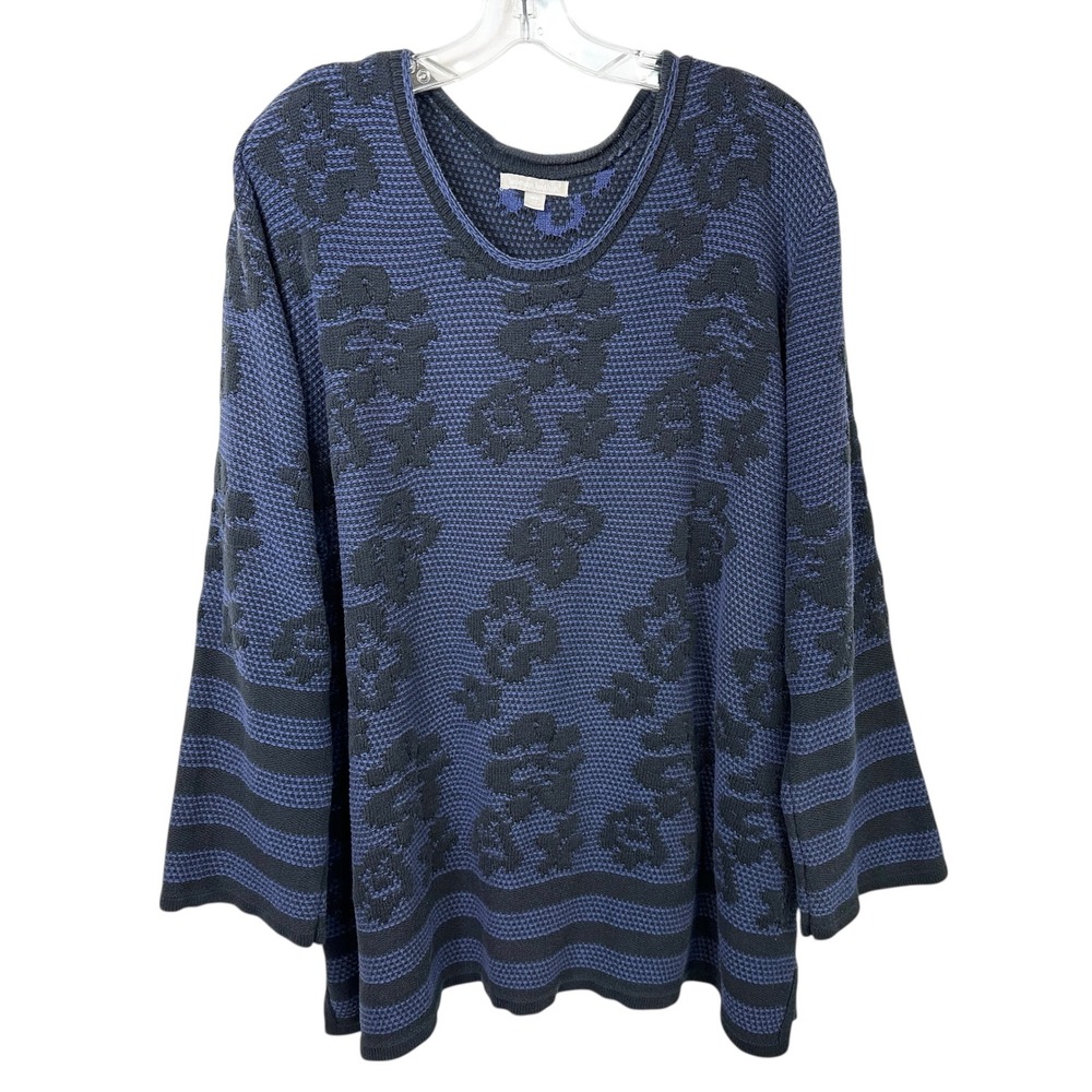 Woman Within Plus Size 3X Sweater 30/32 Blue‎ Black Floral Jacquard Knit 1430